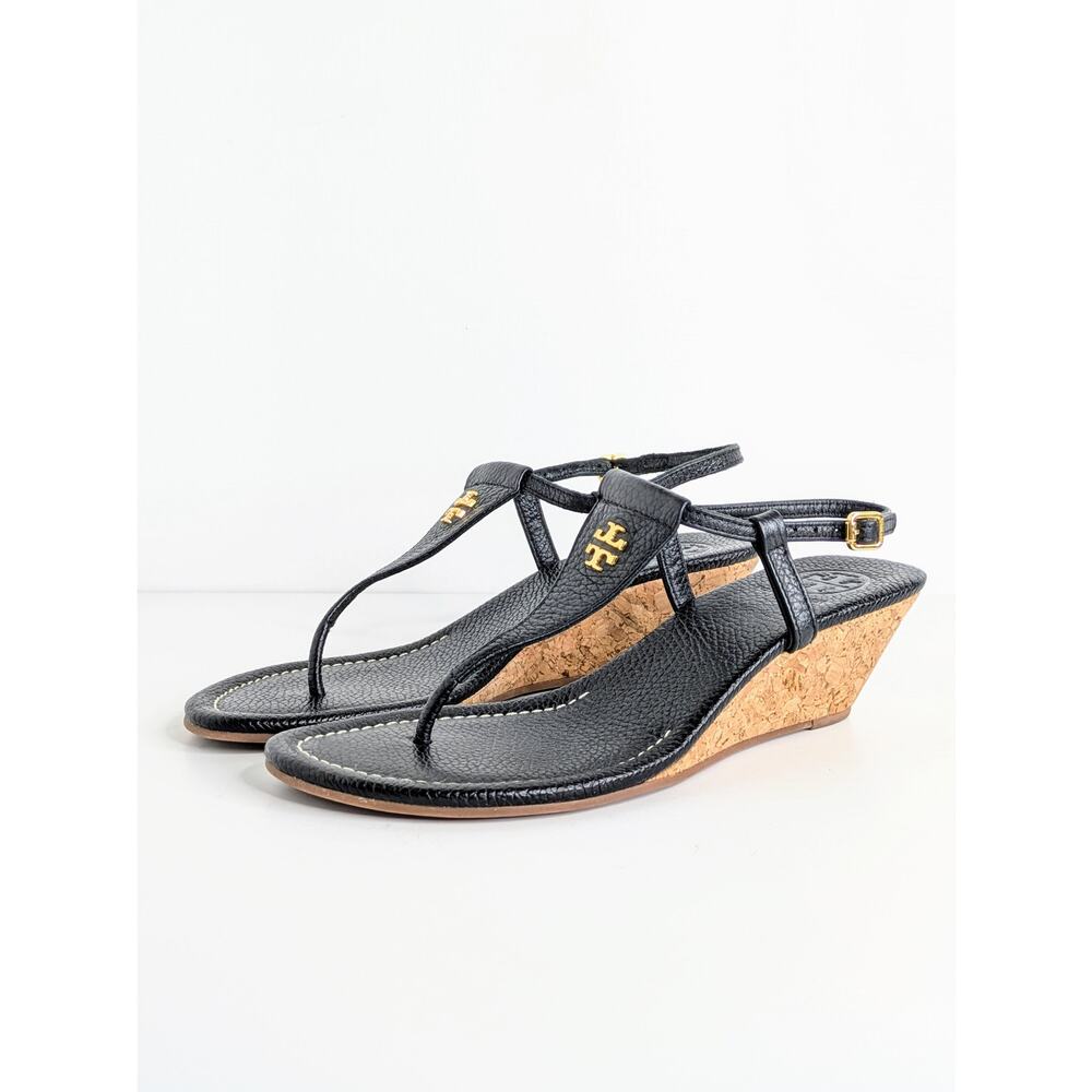 Tory Burch Logo T-Strap Wedge Sandals 7.5 Black Leather Cork Heel Gold Buckle